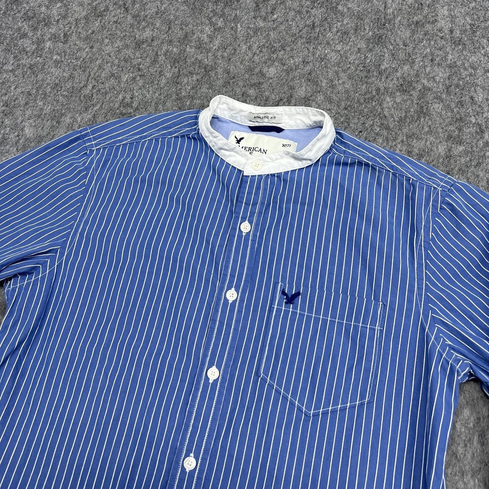 American Eagle Shirt Mens S Blue Stripe Long Sleeve Button Up Band Collar Preppy - Picture 5 of 16